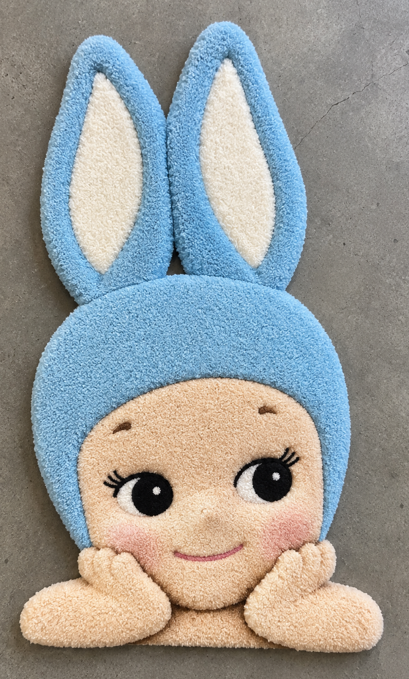 Blue bunny Sonny Angel rug on concrete